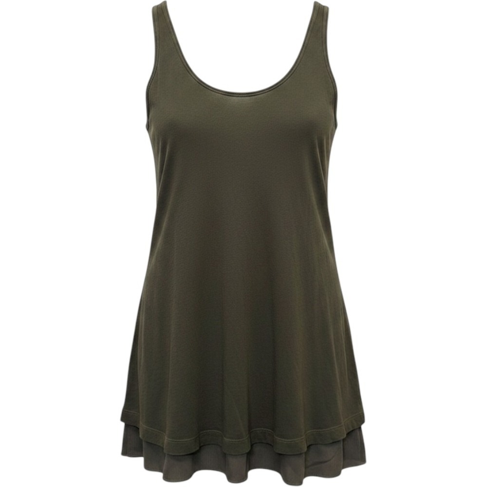 Peruvian Connection Jersey Mini Dress S Olive Green Mesh Pleated Hem Boho Layers